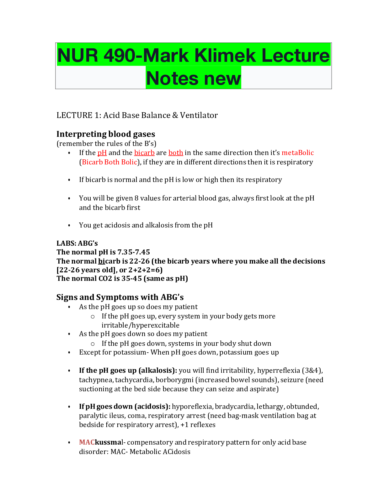 Preview of NUR 490-Mark Klimek Lecture Notes new
